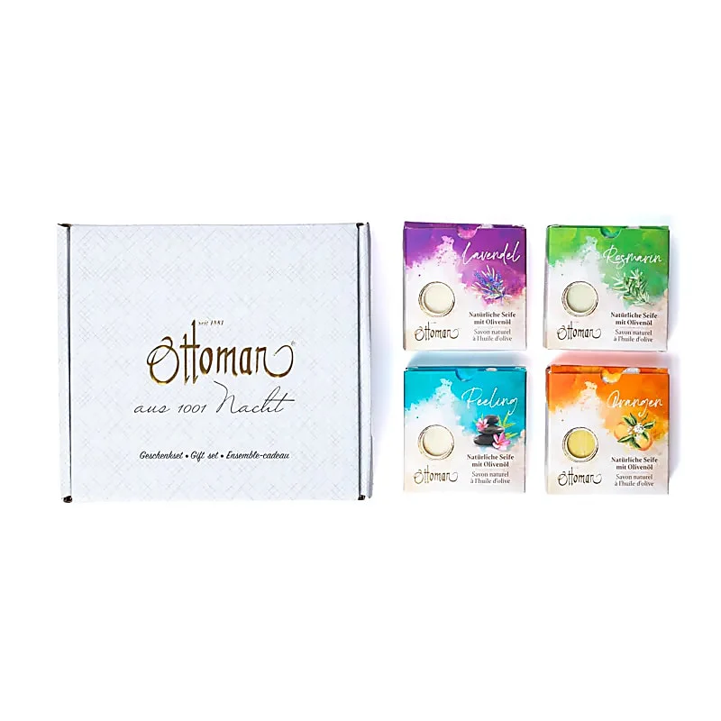 Coffret cadeau de 4 savons à l'huile d'olive naturelle - 16x18x5,5cm; 587g